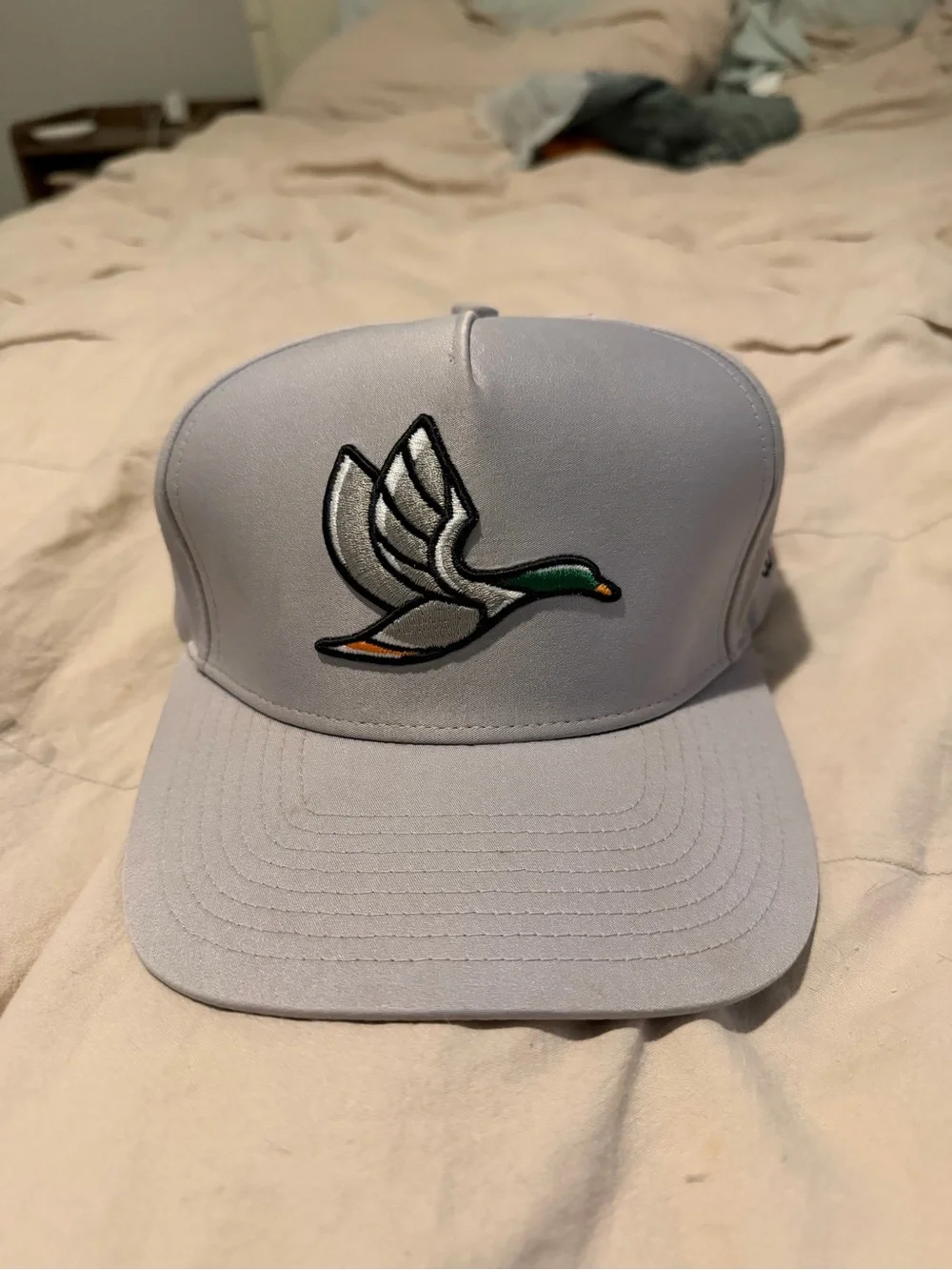 Light Grey Snapback Hat with Embroidered Flying Duck